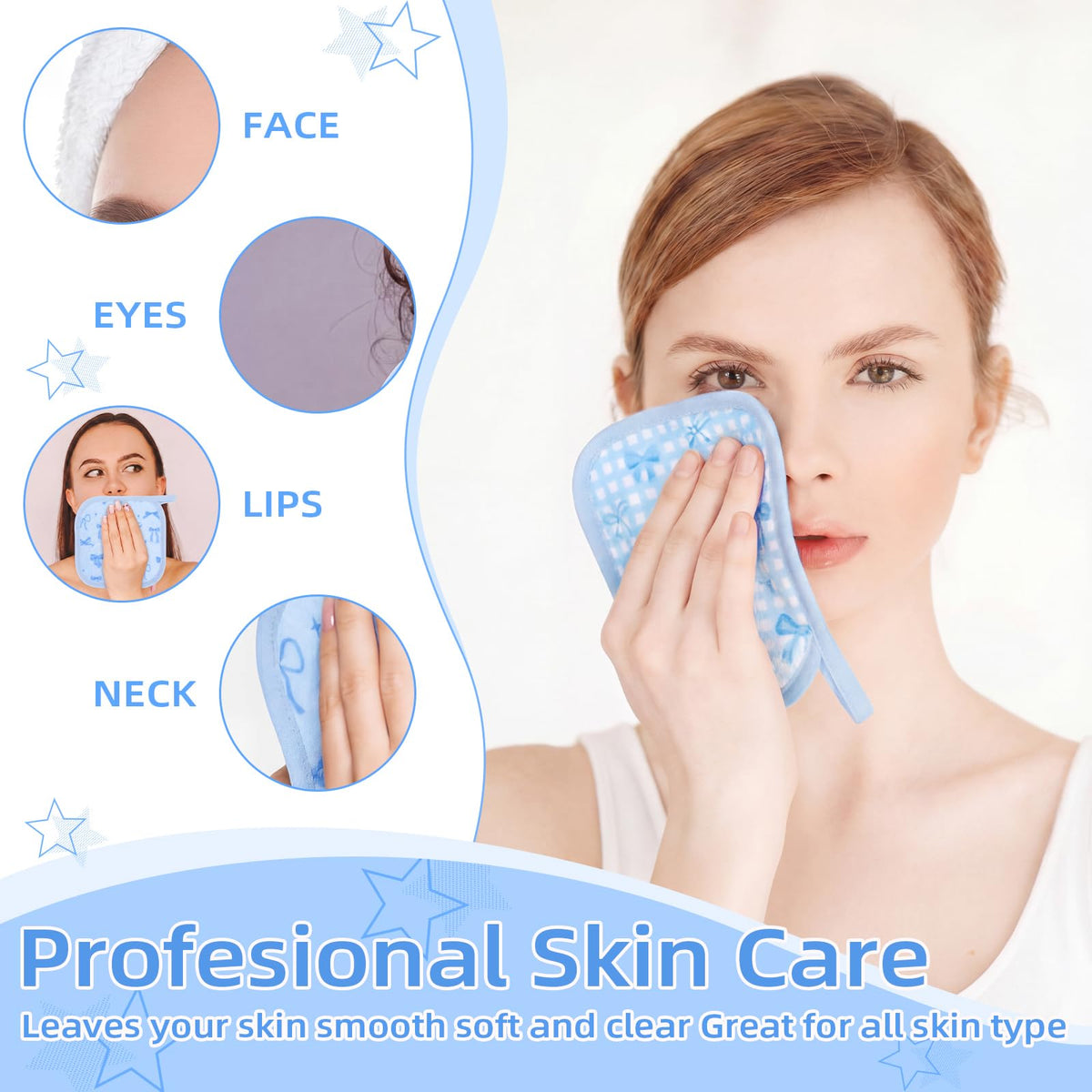 Chicplaid 24 Pcs Blue Bow Party Favor Makeup Remover Cloth 6" x 6" Towels Reusable Coquette Blue Bow Remover Face Pads Soft Microfiber Washcloths Facial Cloths Makeup Towel Gift for Women