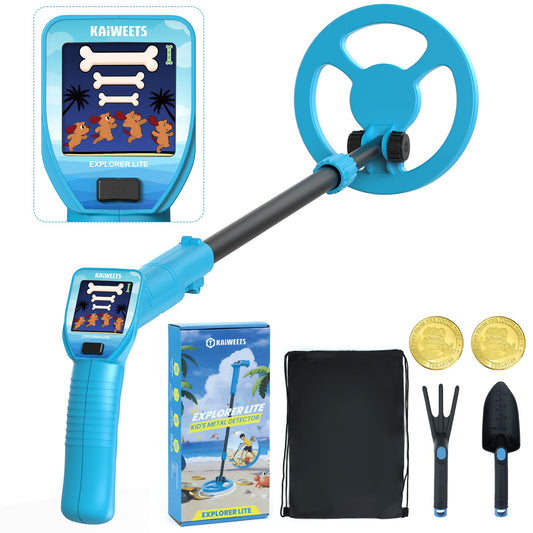 KAIWEETS Metal Detector for Kids, Innovative Color LCD, Lightweight, Adjustable Stem, Outdoor Toy, Christmas/Birthday Gift Kit for Boys & Girls with Backpack, Shovel, Rake, 2 Bonus Coins & 9V Battery