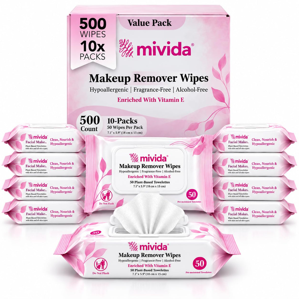 mivida Professional Makeup Remover Wipes Bulk Case | 500 Wipes (10 Packs x 50) | HRIPT Dermatologist Tested | Fragrance Free | For Salons, Spas, Clinics, Hotels & Makeup Artists