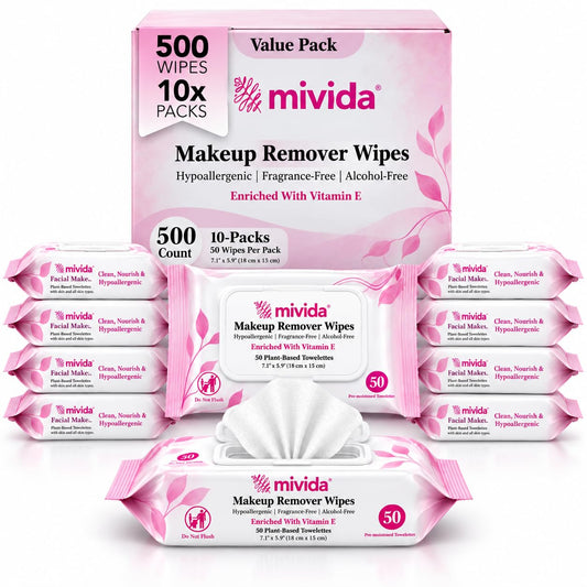 mivida Professional Makeup Remover Wipes Bulk Case | 500 Wipes (10 Packs x 50) | HRIPT Dermatologist Tested | Fragrance Free | For Salons, Spas, Clinics, Hotels & Makeup Artists