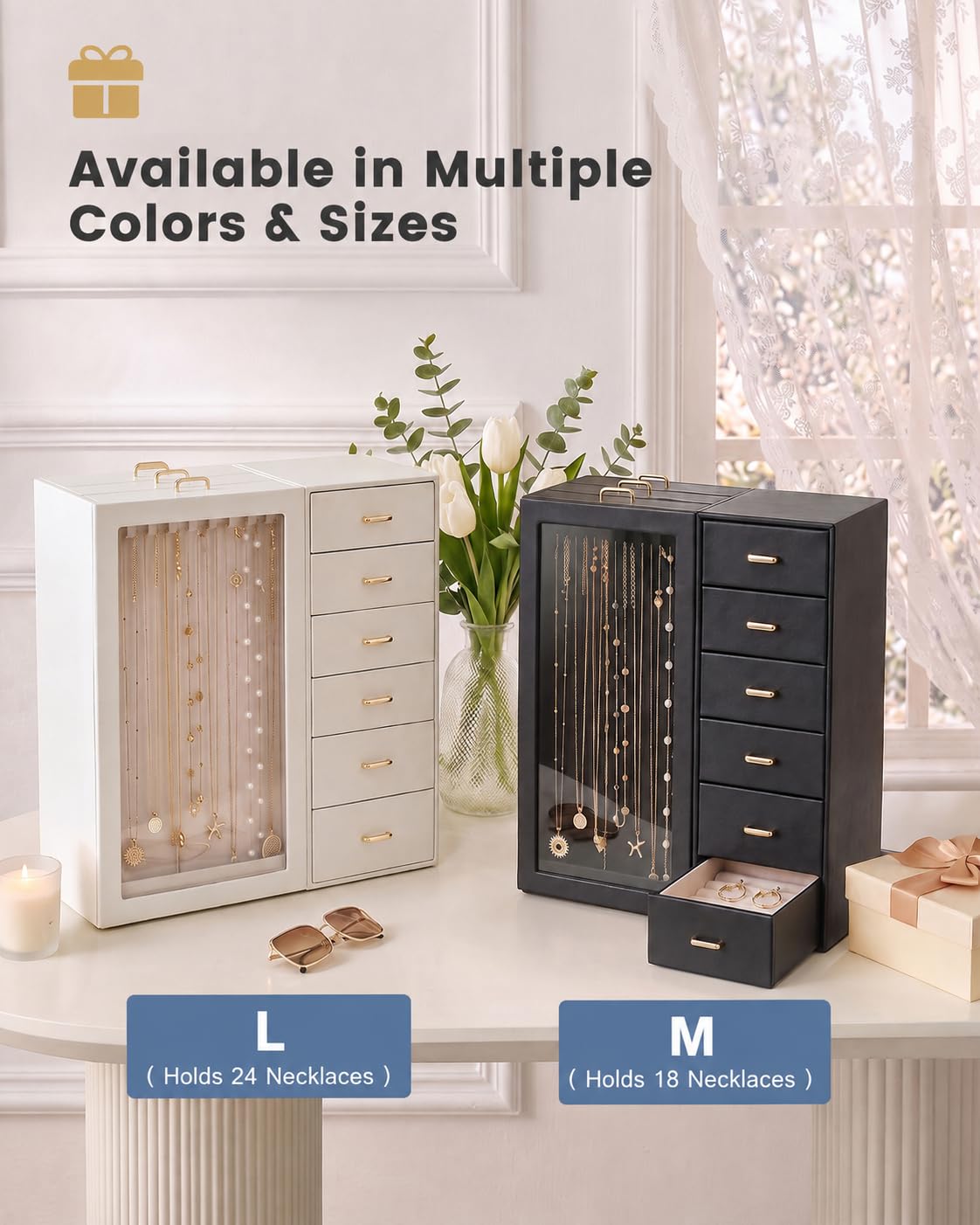 Lolalet Large Jewelry Box Organizer for Women, PU Leather Jewelry Case with Necklace Holder & Multiple Drawers, Tabletop Dresser Storage for Earrings Rings Chains, Gift for Girls -M, Beige