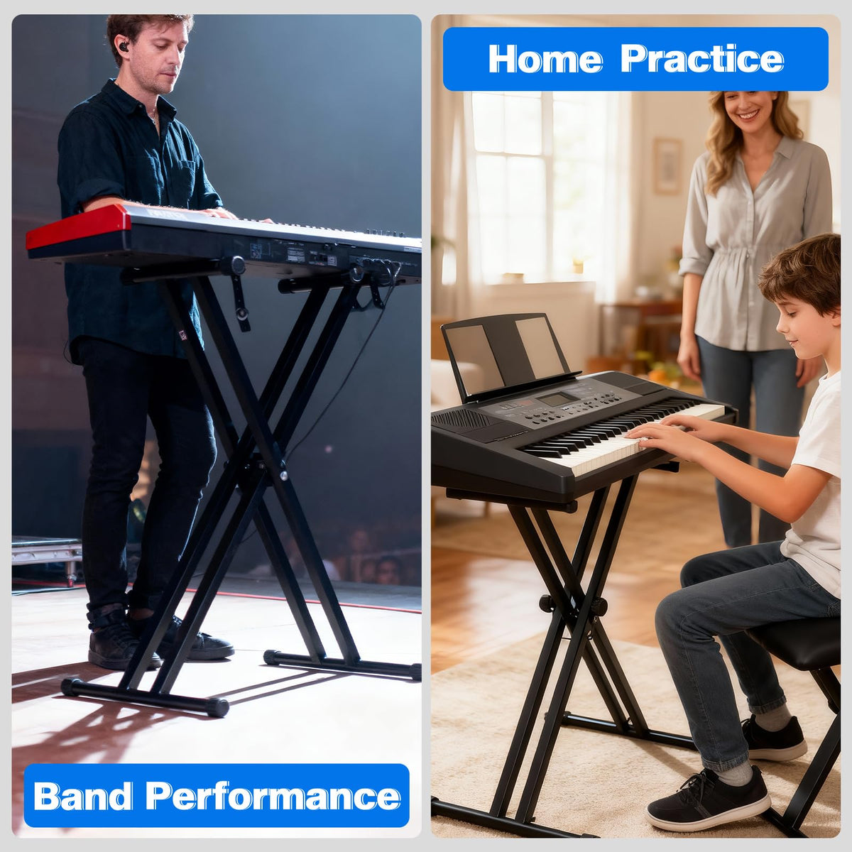 Double-X Keyboard Stand,7 Adjustable Heights Piano Stand with Locking Straps, Heavy Duty Piano Keyboard Stand Fits for 54，61，88 Key Digital Pianos