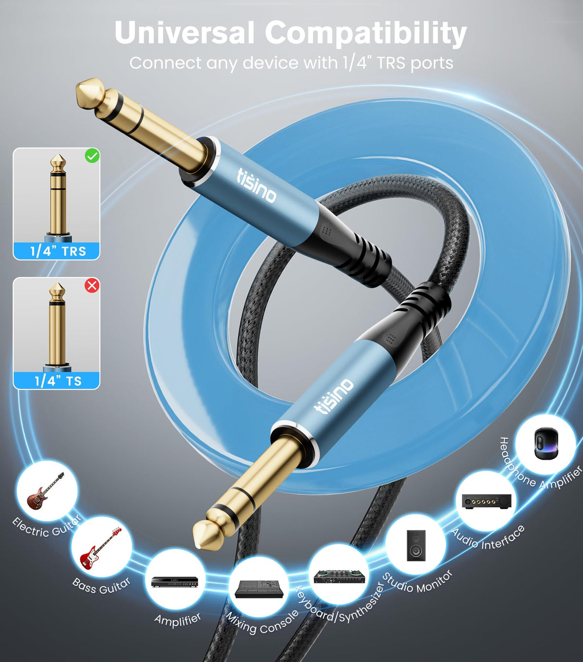 Tisino TRS Cable 1/4" Instrument Guitar Cable Balanced, 10FT/2-Pack