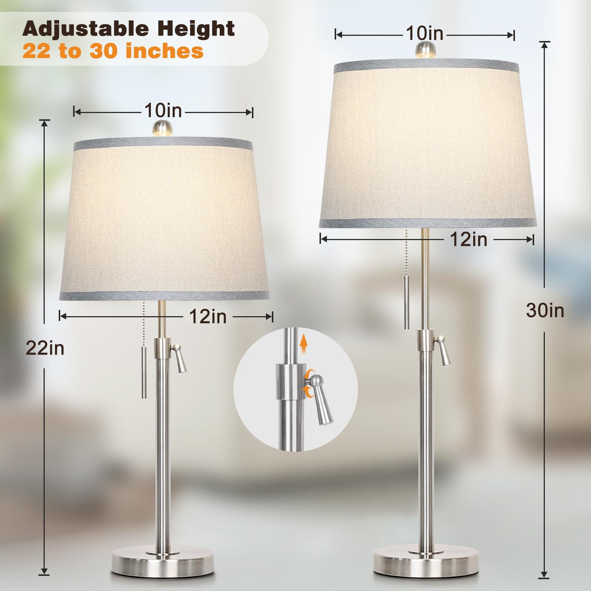 JUNNAI Table Lamps Set of 2, Bedside Lamp Silver Tall Table Lamps for Living Room End Tables, 22" to 30" Adjustable Height Lamp for Bedroom Nightstand Farmhouse with Pull Chain(Bulbs Included)