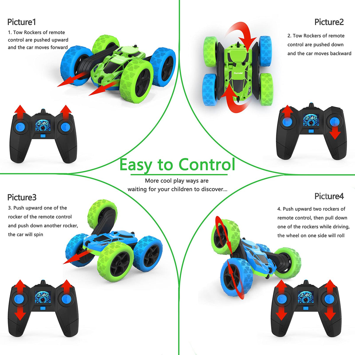 Hamdol Remote Control Car for Kids, 360° Rotating Double-Sided RC Car with LED Headlights, 4WD 2.4GHz Electric Rechargeable Toy Vehicle for Boys and Girls, Perfect Birthday