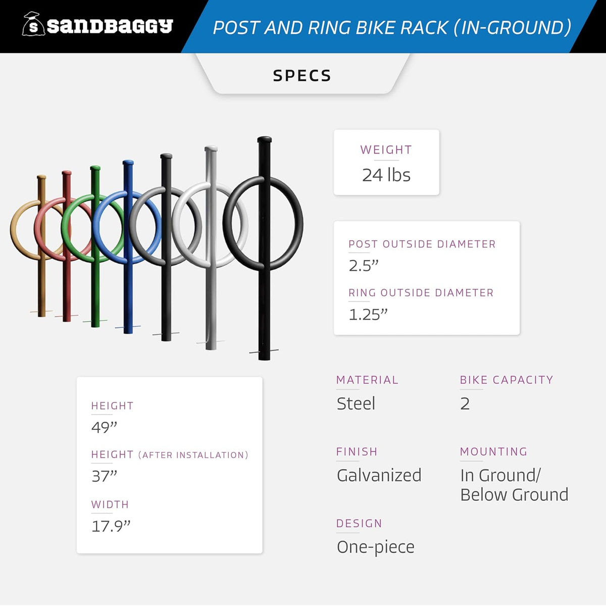 Sandbaggy Post and Ring Rack - In Ground - Commercial Outdoor Bike Parking & Storage Racks (Orange, 2)