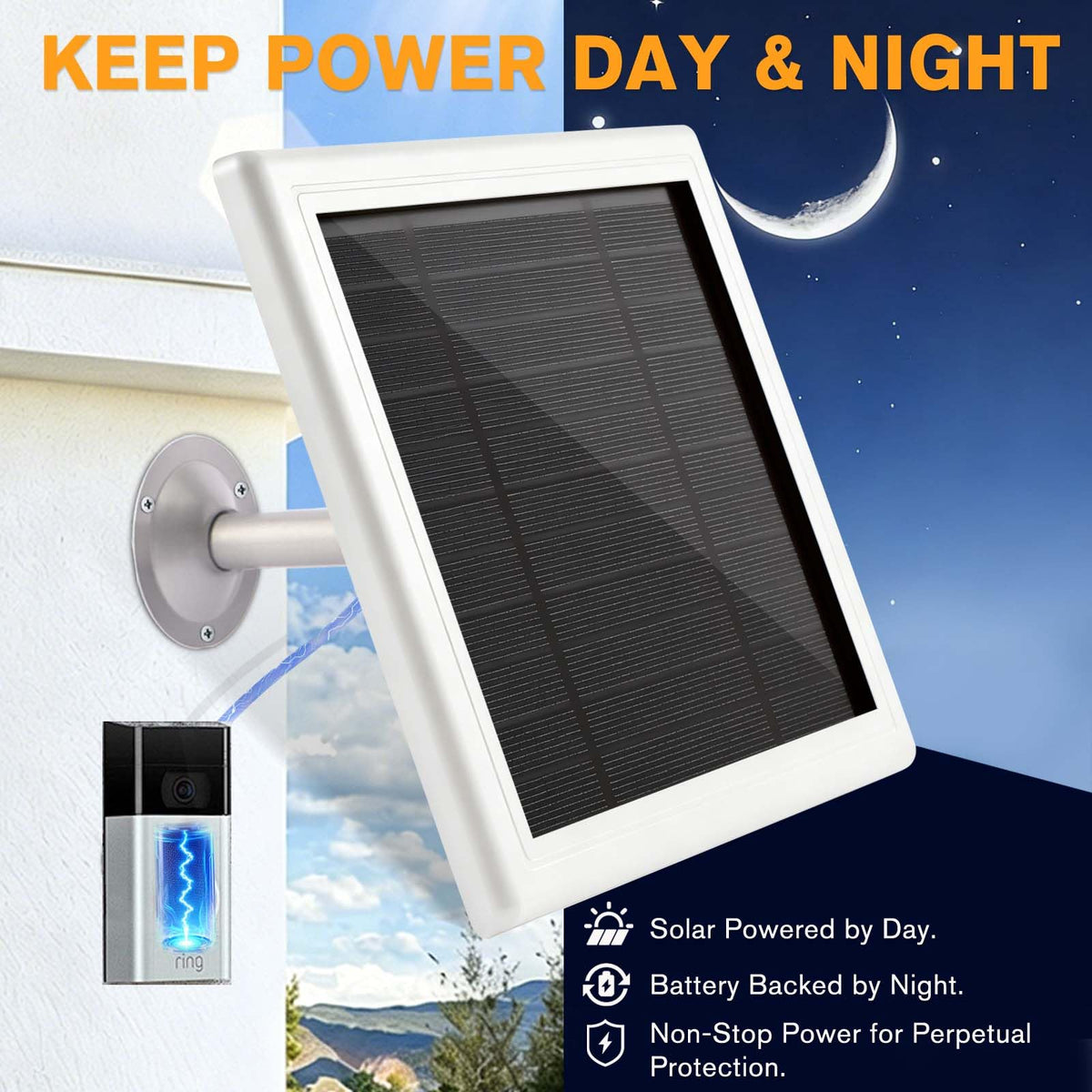 5W/5V Solar Panel for Ring Video Doorbell (2nd Gen - 2020 Release), Solar Charger for Ring Video Doorbell With Micro-USB Port, IP65 Waterproof, 360° Adjustable Stainless Steel Mount, 16.4ft Cable