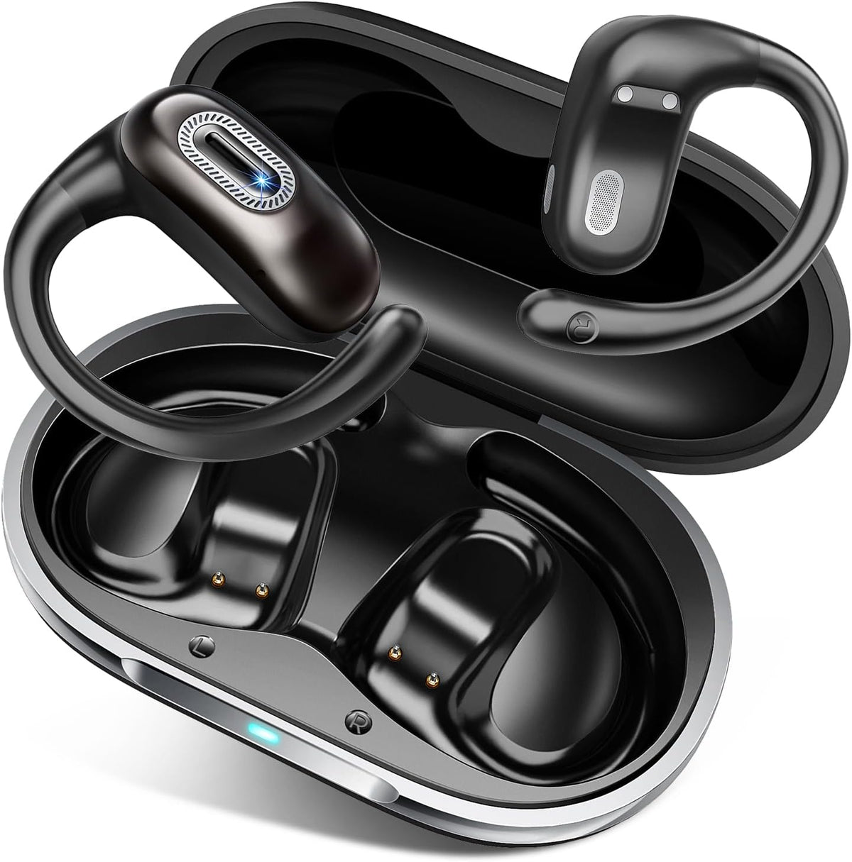 Open Ear Headphones, Bluetooth 5.4 Wireless Earbuds, 50H, Air Conduction Ear buds, HD Stereo Bass Over Ear Earphones with Earhooks, Ultra-Comfort Secure Fit, IPX7 Waterproof Headset for Working Sports