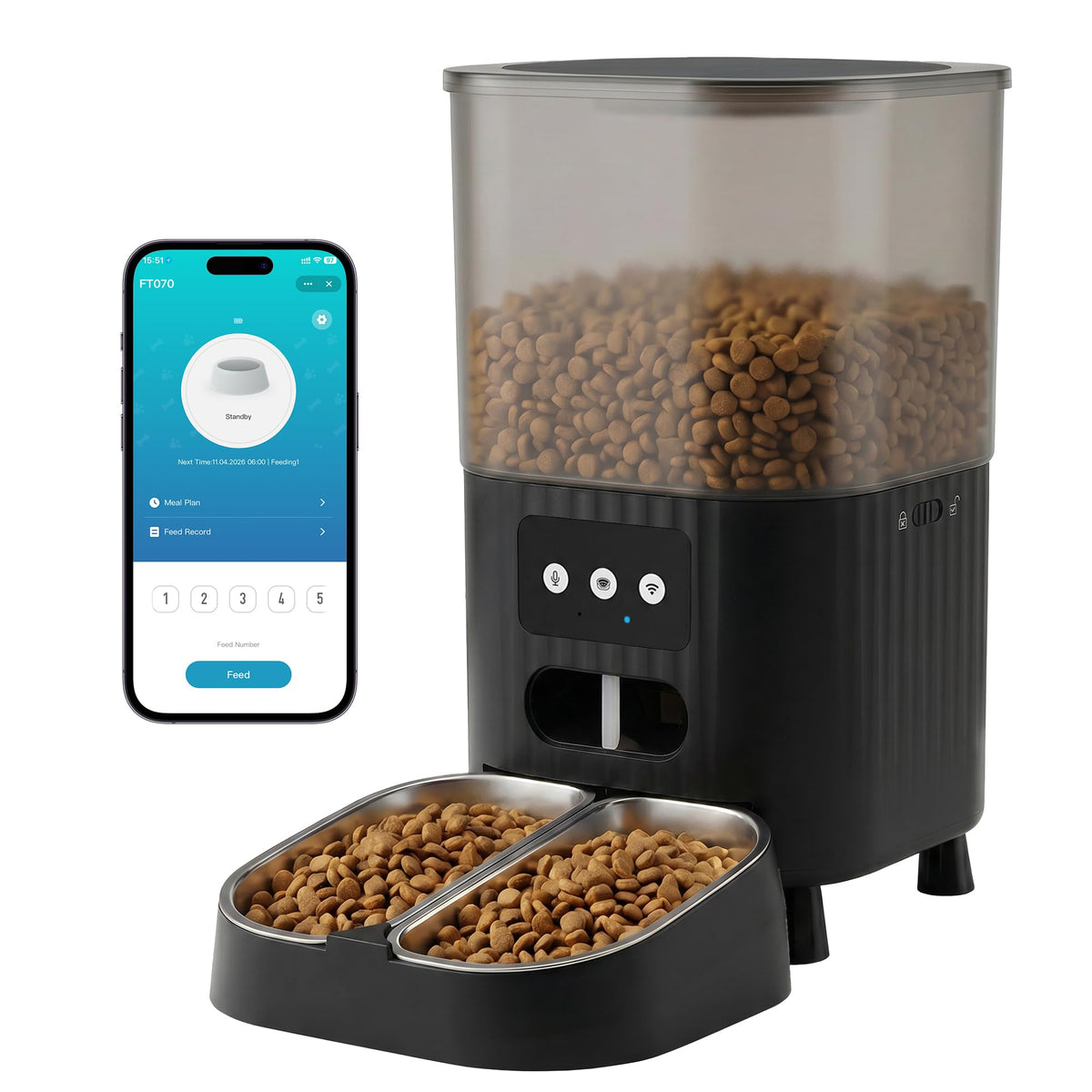 PEYAKO Automatic Cat Feeder, WiFi Cat Food Dispenser with App Control, Smart Dry Pet Food Feeder, 1–10 Meals Per Day, Voice Recording & Stainless Steel Dual-Bowl for Small Pets Indoor(4.5L, Black)