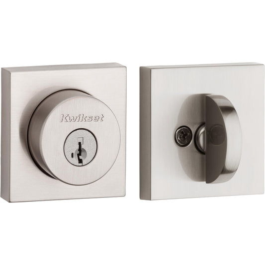 Kwikset Halifax Deadbolt Lock, Satin Nickel Square Exterior Keyed Front Entry Door, Pick Resistant SmartKey Rekey Security, Single Cylinder Dead Bolt, with Microban Protection