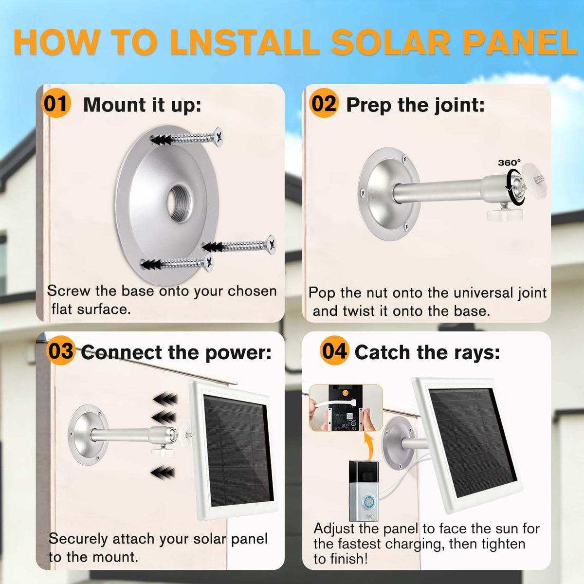 5W/5V Solar Panel for Ring Video Doorbell (2nd Gen - 2020 Release), Solar Charger for Ring Video Doorbell With Micro-USB Port, IP65 Waterproof, 360° Adjustable Stainless Steel Mount, 16.4ft Cable