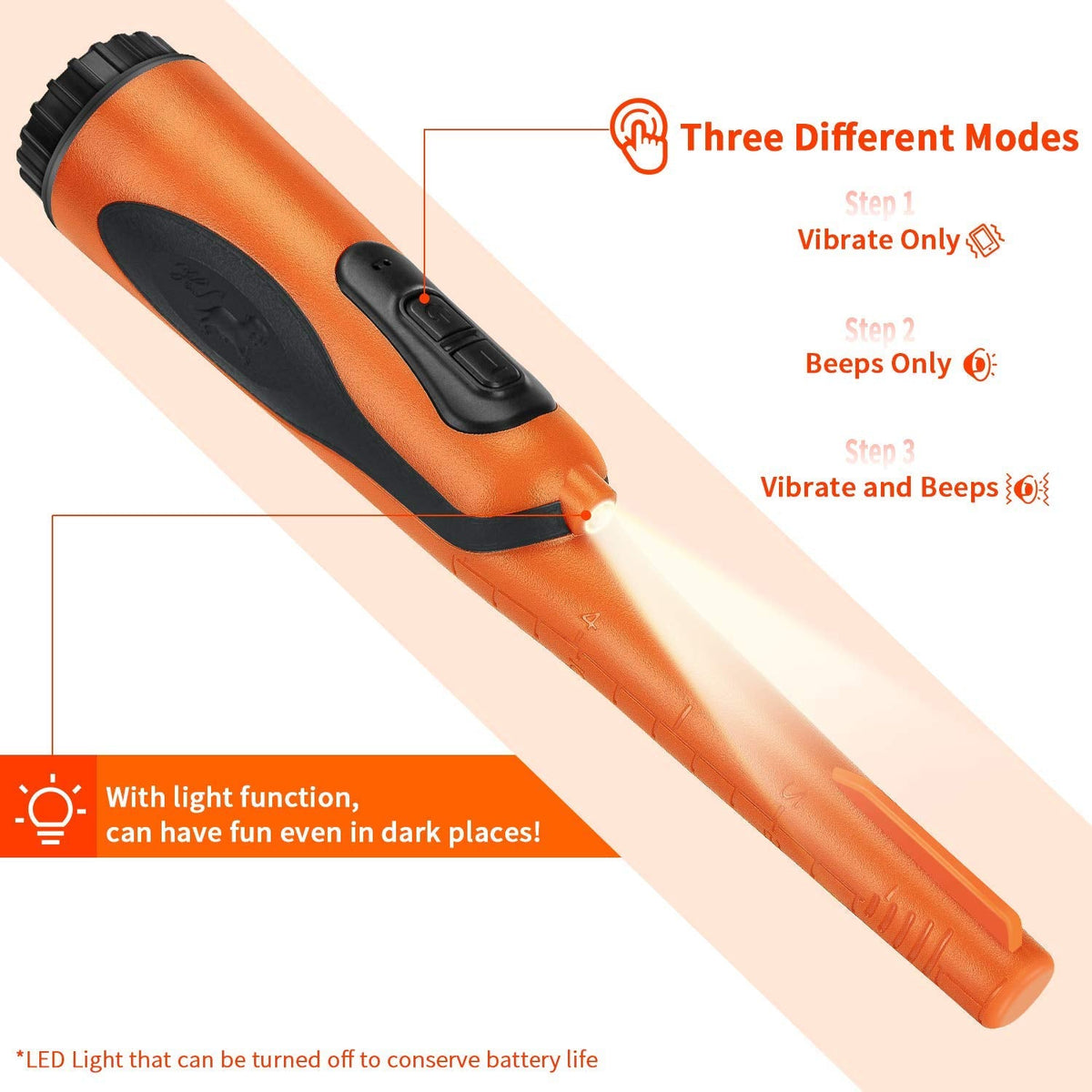 Fully Waterproof Pinpoint Metal Detector Pinpointer,Underwater Pin Pointer Wand With Holster Treasure Hunter Tool,Buzzer Vibration Sound (Three Mode) One Battery Included,Orange