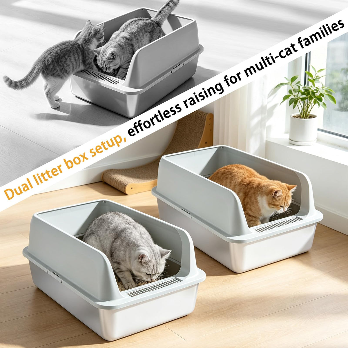 Camvivid Stainless Steel Cat Litter Box 2 Pack - High Side Pan with Anti-Tracking Step,Rolled Edge & Leak-Proof Base,Cover,Scoop,Anti-Slip Pads,Easy Clean Toilet for Senior Large Indoor Cat Gray