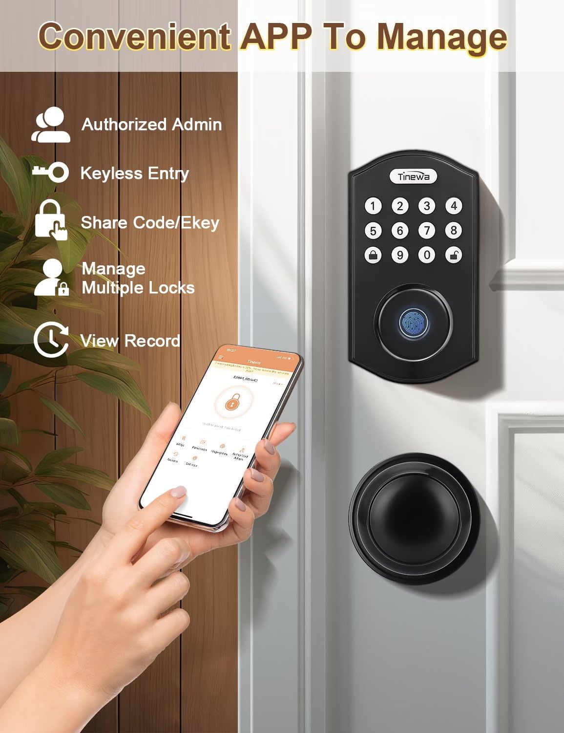 Tinewa Smart Locks for Front Door -Black Keyless Entry Door Lock Deadbolt with Flat Ball Door Knobs, Electronic Digital Keypad Deadbolt with Fingerprint, APP Control, Easy Installation