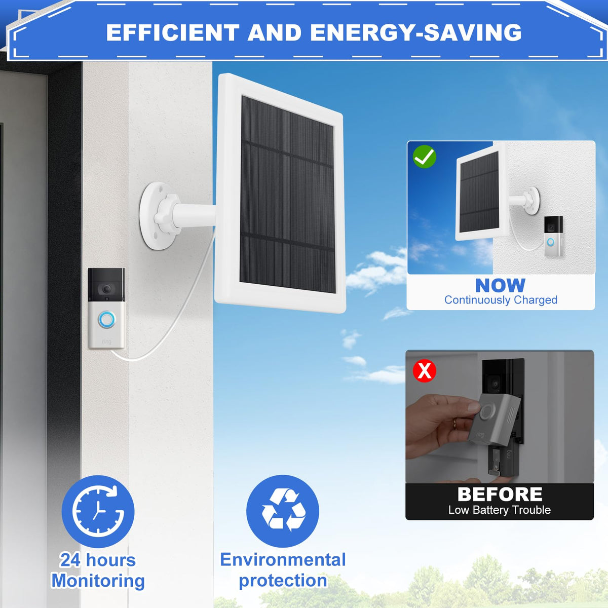 Solar Panel for Ring Doorbell 5W 5V Solar Charger Pefect for Ring Video Doorbell (2nd Gen - 2020 Release), Micro USB Port IP65 16.4ft Waterproof Charging Cable, 360°Adjustable Mount