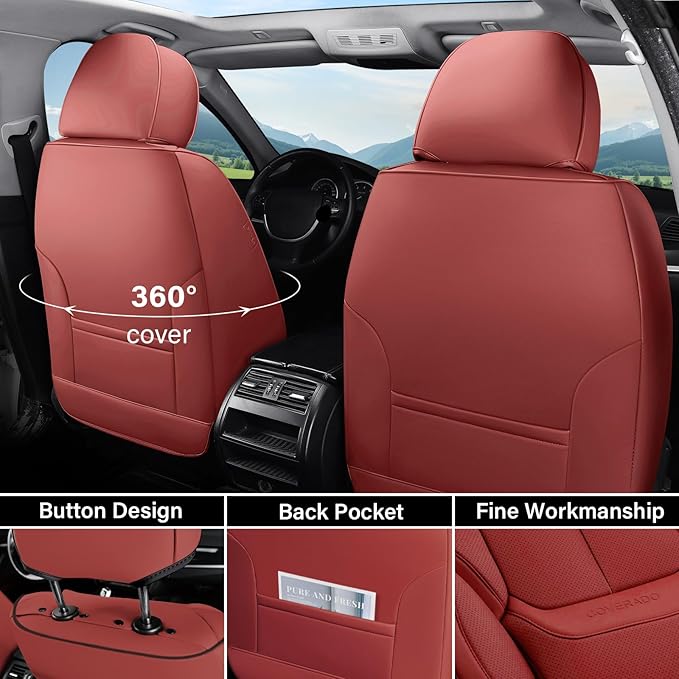 Coverado Universal Seat Covers Front, Universal Seat Covers for Cars, 2-Pack Waterproof Nappa Leather Car Seat Covers with Head Pillow, Auto Protectors Fit for Most Sedans SUV Pick-up Truck-Red