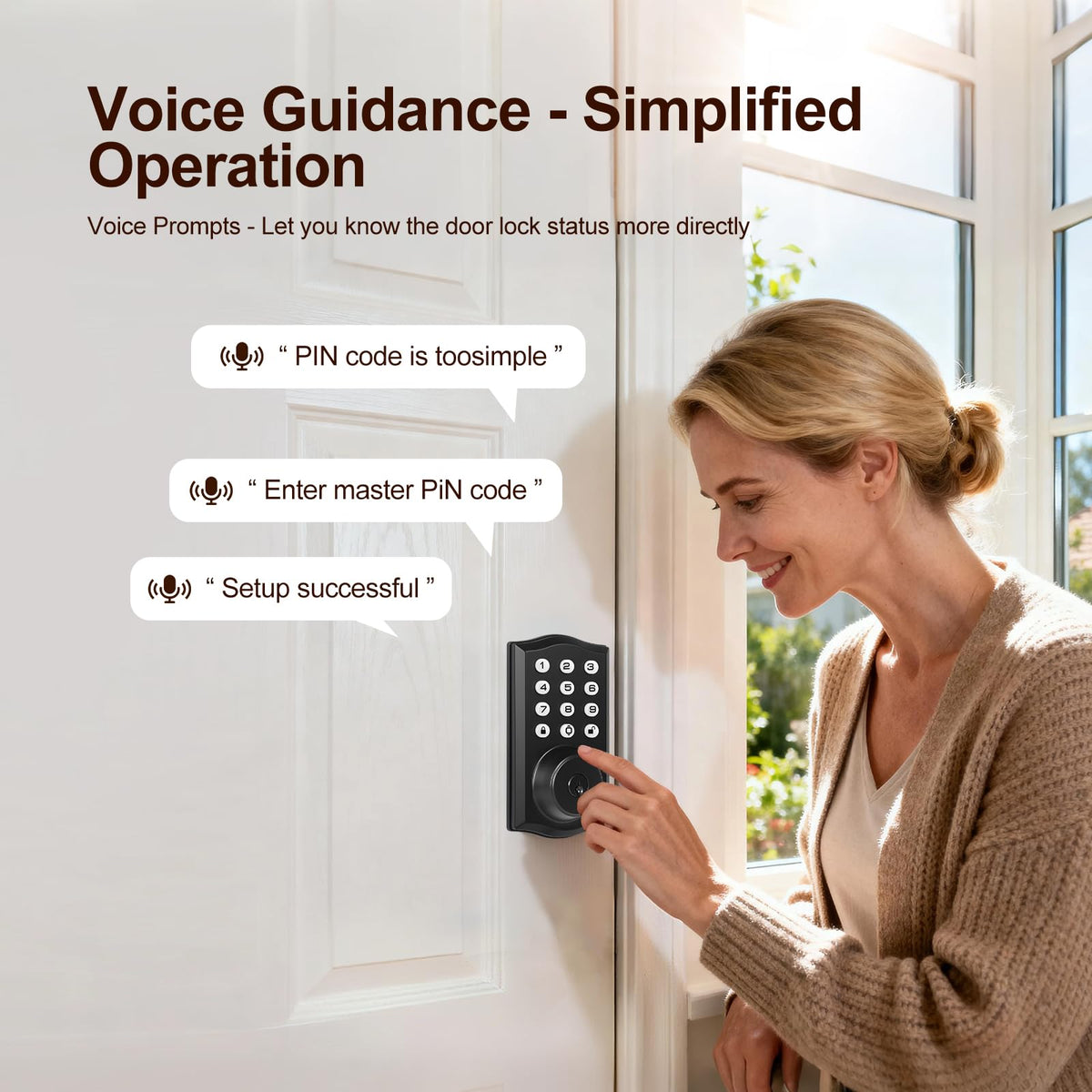 Keyless Entry Door Lock with Keypad, Auto Lock, Voice Prompt, Smart Deadbolt Lock for Front Door with Key, Matte Black – Easy Installation, IP55 Waterproof