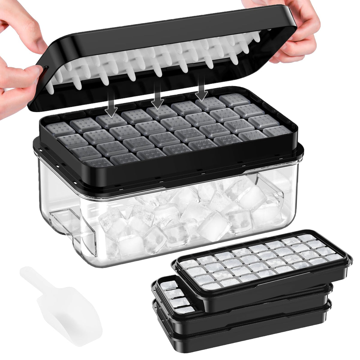 PHINOX 1" Ice Cube Tray with Lid and Bin, Easy Release 96 Cubes for Freezer