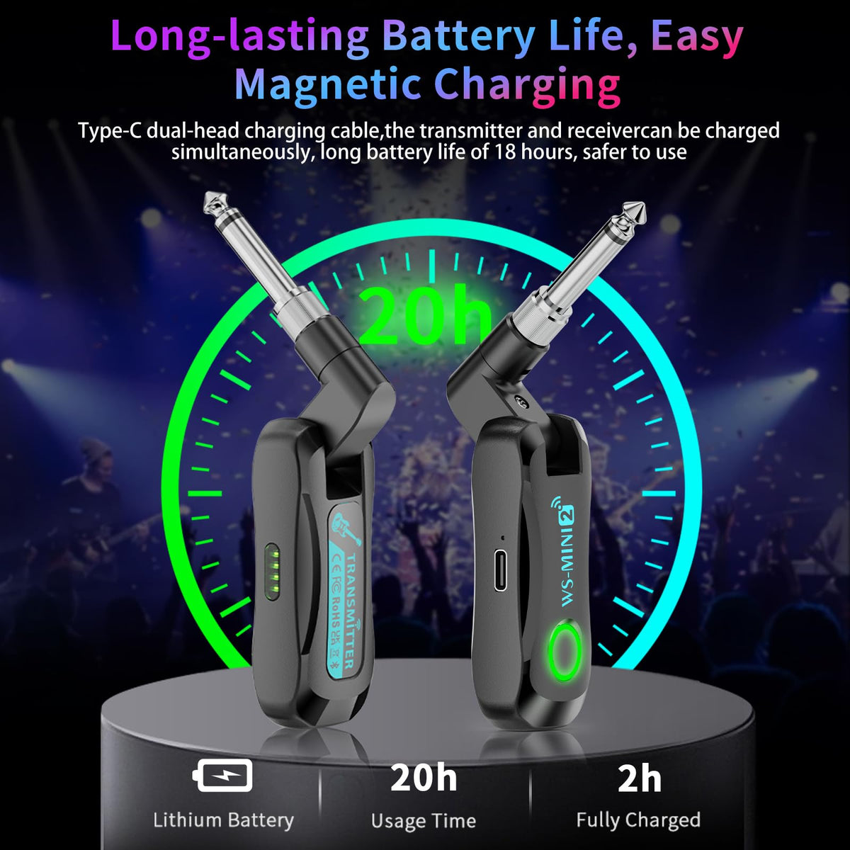 Guitar Wireless System 2.4GHz with Rotating Head & 2-in-1 Plug