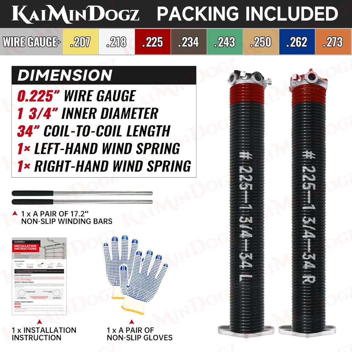 Pair of 1.75" Garage Door Torsion Springs Set with Non-Slip Winding Bars&Gloves, High Precision Electrophoresis Oil-Free Black Coated for Replacement, MIN 16,000 Cycles (0.225 x 1.75"x 34")