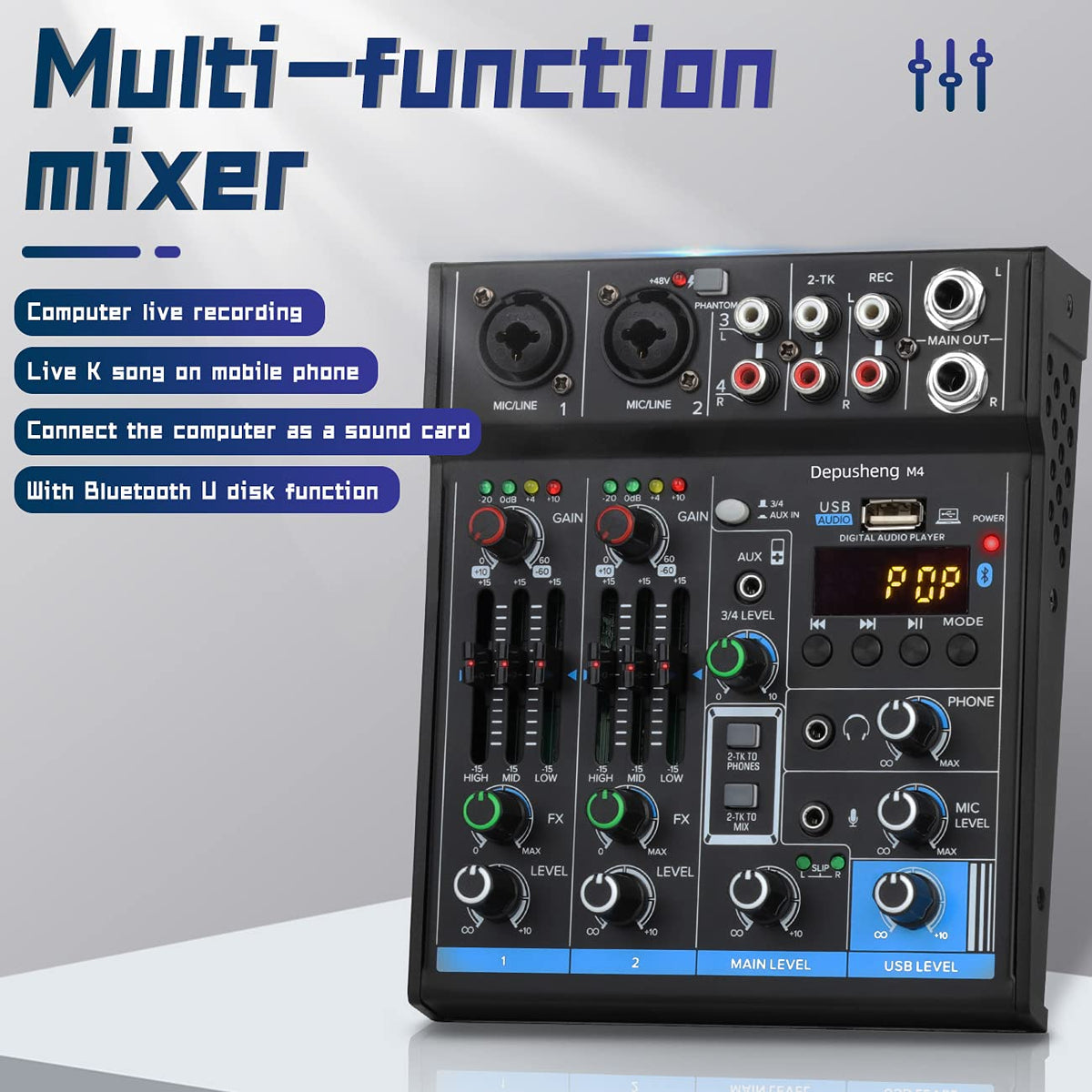 4 Channel USB Interface Mixer, DJ Sound Controller Mini Mixer Professional Digital Audio Portable Sound Mixing Console with Sound Card & Bluetooth Function for PC Recording - Depusheng M4, Black