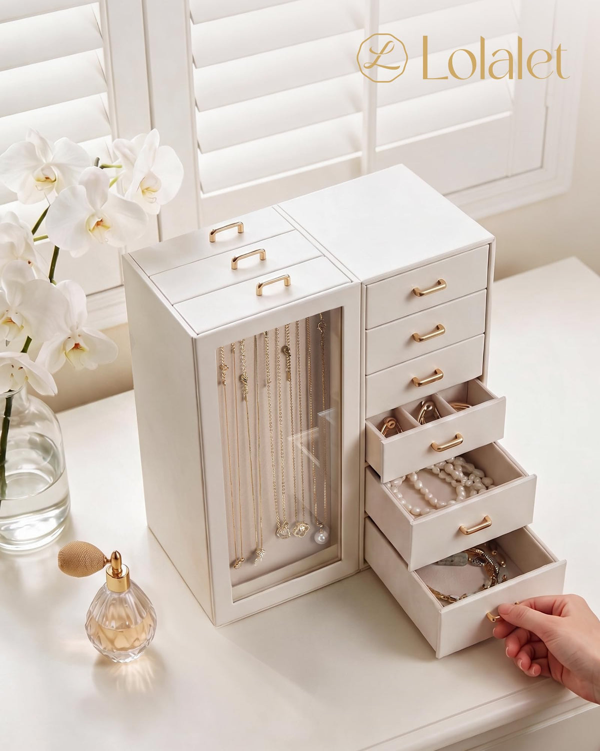 Lolalet Large Jewelry Box Organizer for Women, PU Leather Jewelry Case with Necklace Holder & Multiple Drawers, Tabletop Dresser Storage for Earrings Rings Chains, Gift for Girls -M, Beige