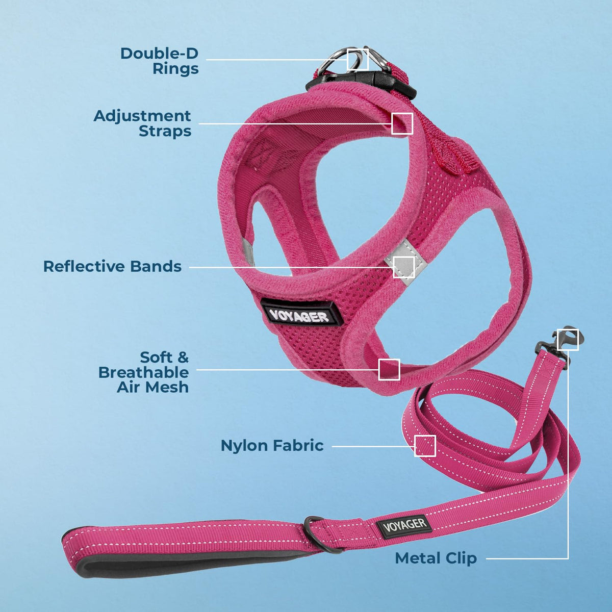 Best Pet Supplies Voyager Step-in Air All Weather Mesh Harness and Reflective Dog 5ft Leash Combo with Neoprene Handle, for Small, Medium and Large Breed Puppies - Fuchsia, XX-Small