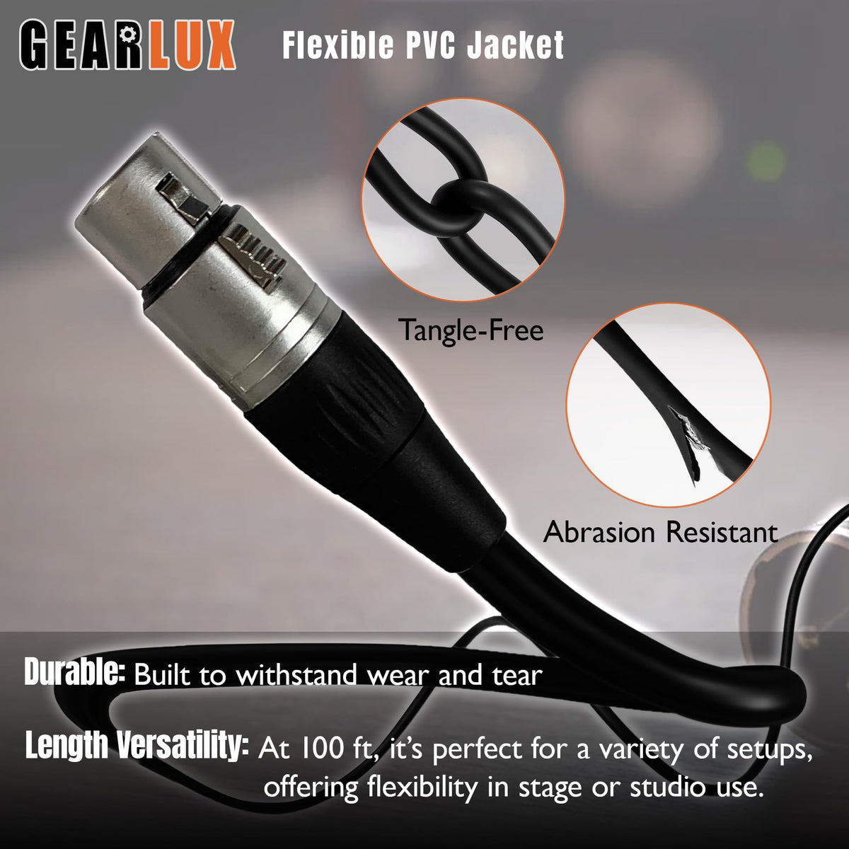 Gearlux DMX Cable, 3 Pin, Male to Female, 100 Feet - 2 Pack