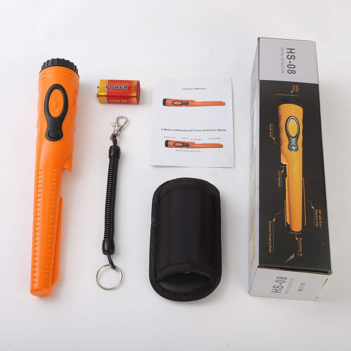 Fully Waterproof Pinpoint Metal Detector Pinpointer - 360° Search Pinpointing Finder Probe Treasure Hunting Tool Accessories for Adults and Kids (Three Mode) Hs08 Orange