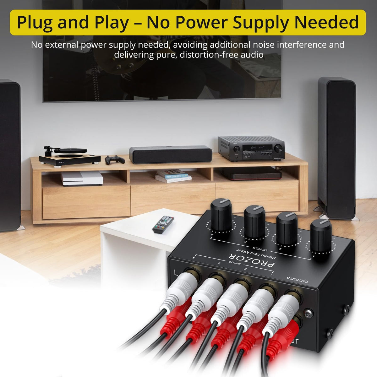 PROZOR 4-Channel Stereo Audio Mixer, RCA Input Independent Volume Controls