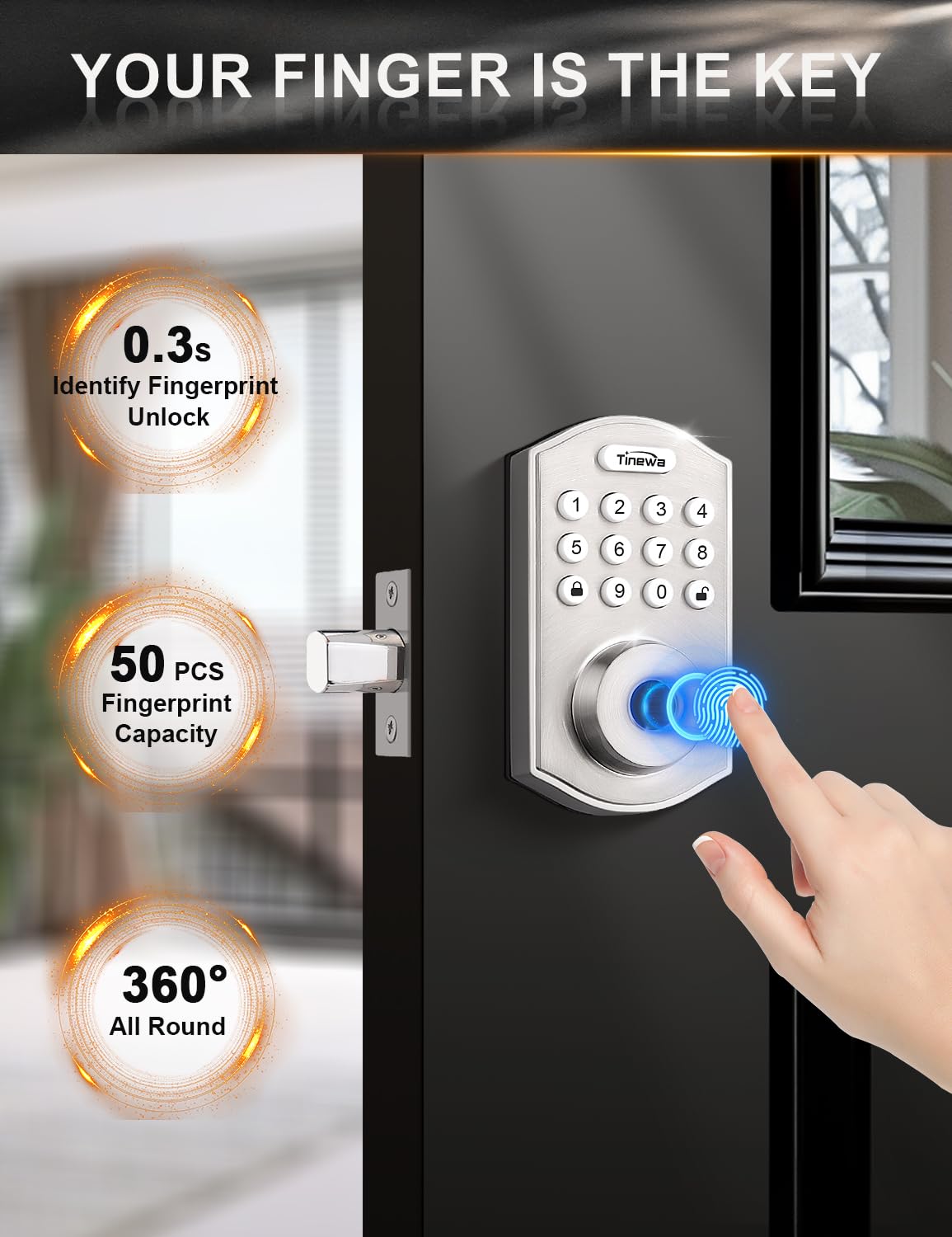 Tinewa Smart Locks for Front Door - Satin Nickel Keyless Entry Door Lock with Wave Lever Handle, Electronic Digital Keypad Deadbolt with Fingerprint, APP Control, Easy Installation, Home Security
