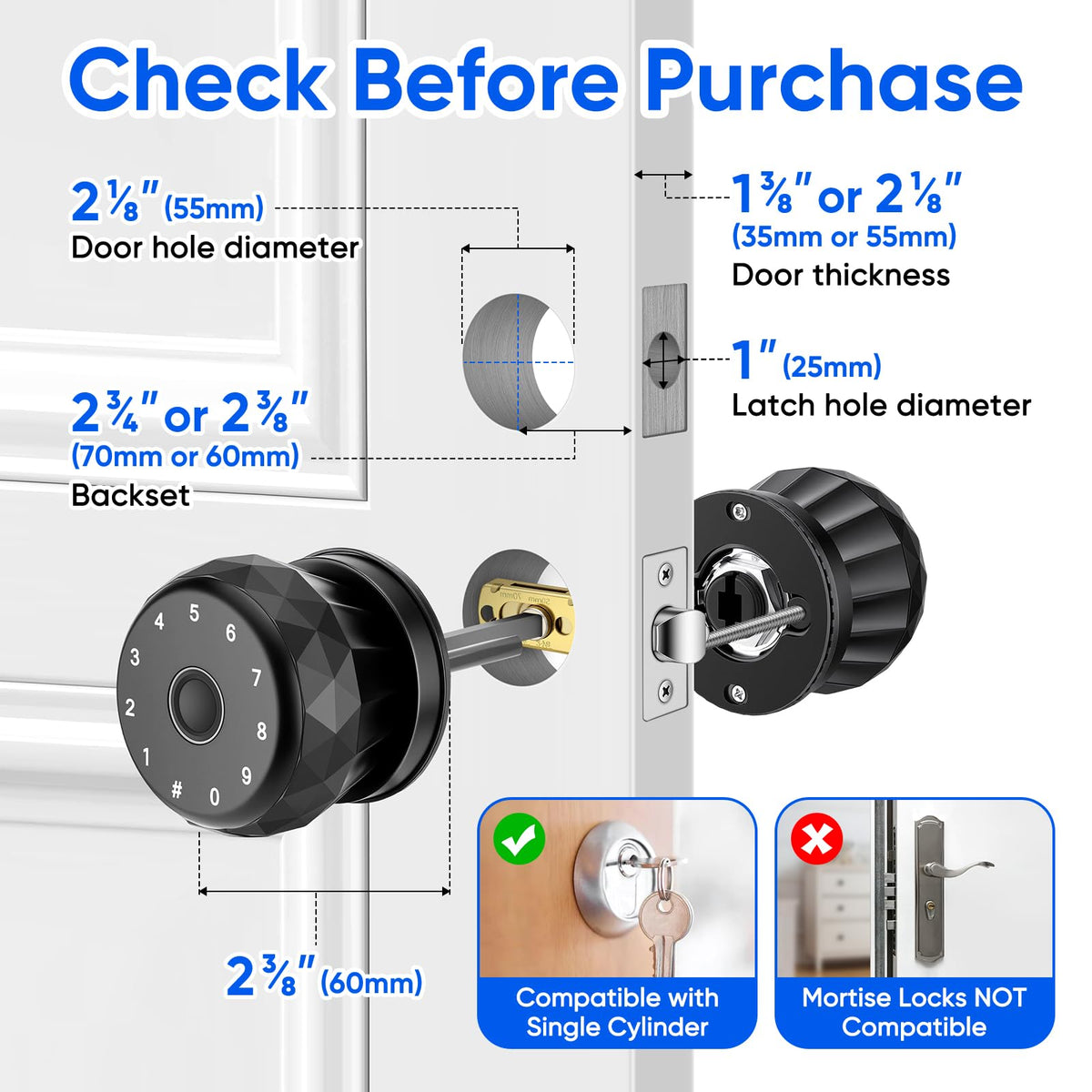 Smart Door Knob Fingerprint Door Lock with Keypad,6 in 1 to Unlock for Home