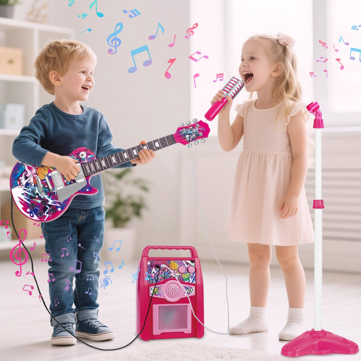 deAO Musical Guitar Play Set,Adjustable Height Microphone,Amplifier Set with Stand,Music Light Karaoke Music Toys Birthday for Kids Boys Girls