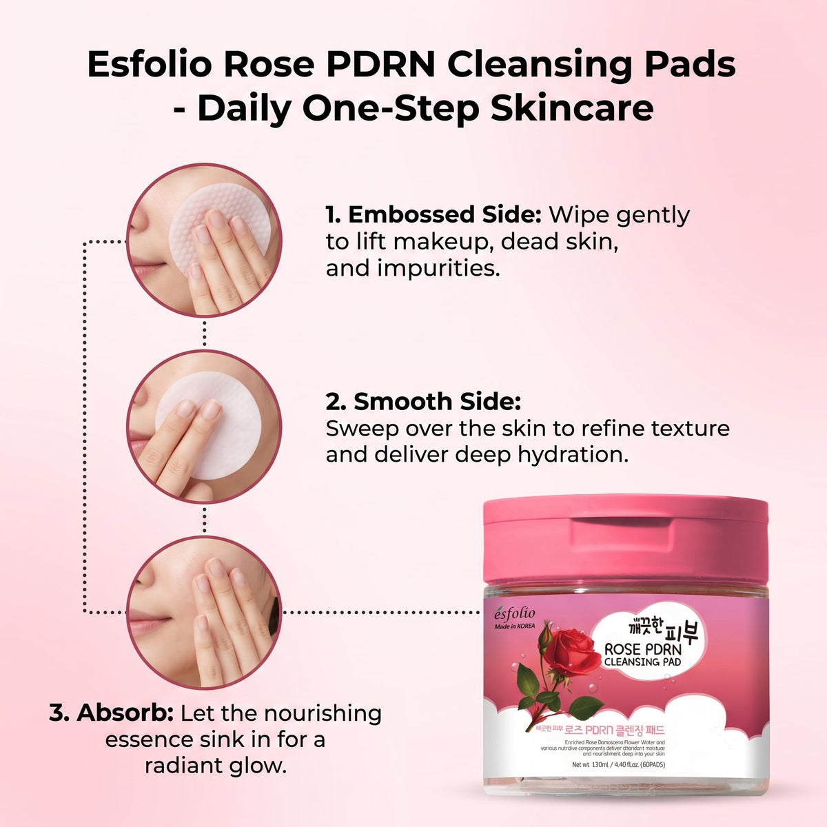 Esfolio made in Korea PDRN Rose Cleansing Pad Gentle Daily Facial Pads with Rice Extract for Skin Clarity and Softness Easy One-Step Cleanser for Radiant Complexion Korean Skincare 60 Count