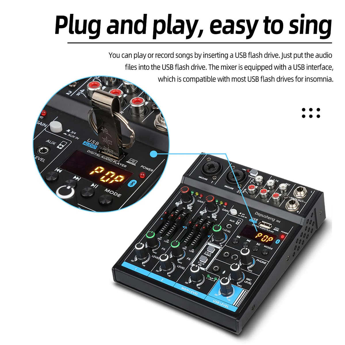 4 Channel USB Interface Mixer, DJ Sound Controller Mini Mixer Professional Digital Audio Portable Sound Mixing Console with Sound Card & Bluetooth Function for PC Recording - Depusheng M4, Black