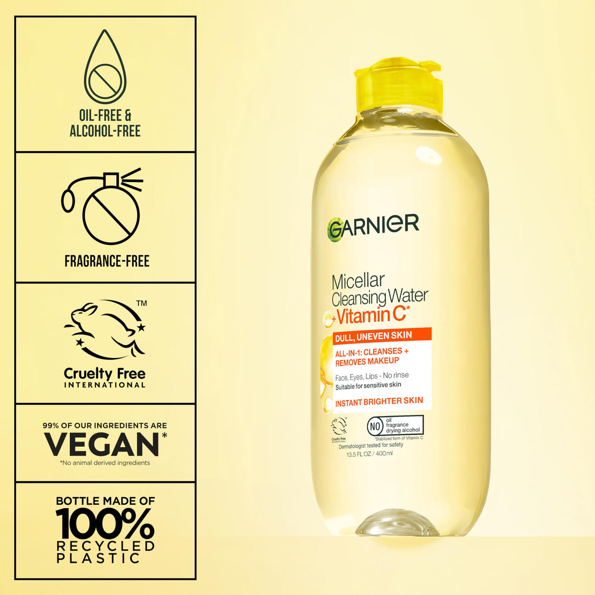 Garnier Micellar Water with Vitamin C, Facial Cleanser & Makeup Remover, Brightening & Hydrating, For All Skin Types, Vegan, Cruelty Free, 13.5 Fl Oz (400mL), 2 Count