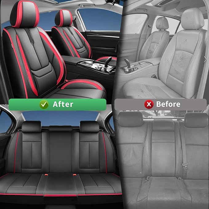 Fit Honda Fit Car Seat Covers for Honda Fit 2007-2019 2020-Upgraded Premium Waterproof & Breathable Leather,Airbag Compatible,All-Weather Seat Cushion Protector,Full Set,Black-Red