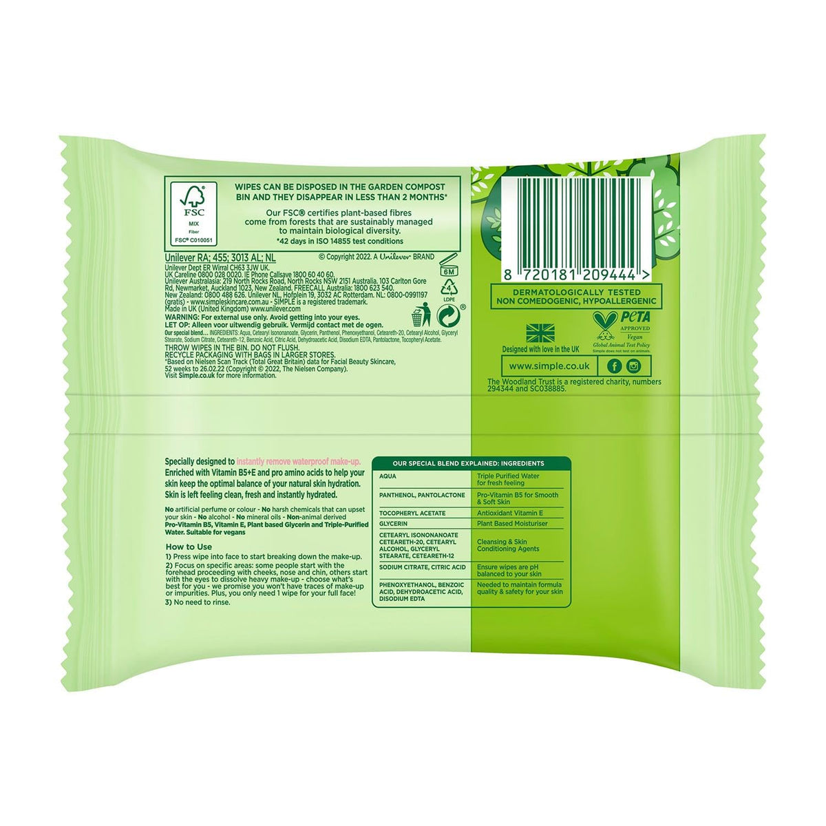 Simple Sensitive Skin Experts Kind To Skin Cleansing Facial Wipes, Waterproof Mascara Remover, Even Softer, 25 Count, (4 Pack)