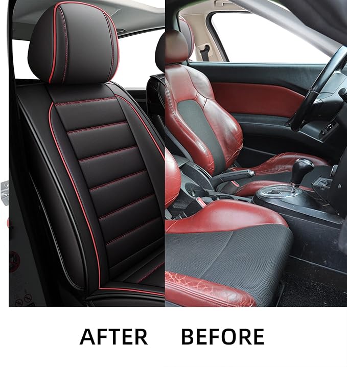 CAPITAUTO Leather Car Seat Covers, Waterproof Faux Leatherette Cushion Cover for Cars SUV Pick-up Truck Universal Fit Set for Auto Interior Accessories(2 Front Red&Black)