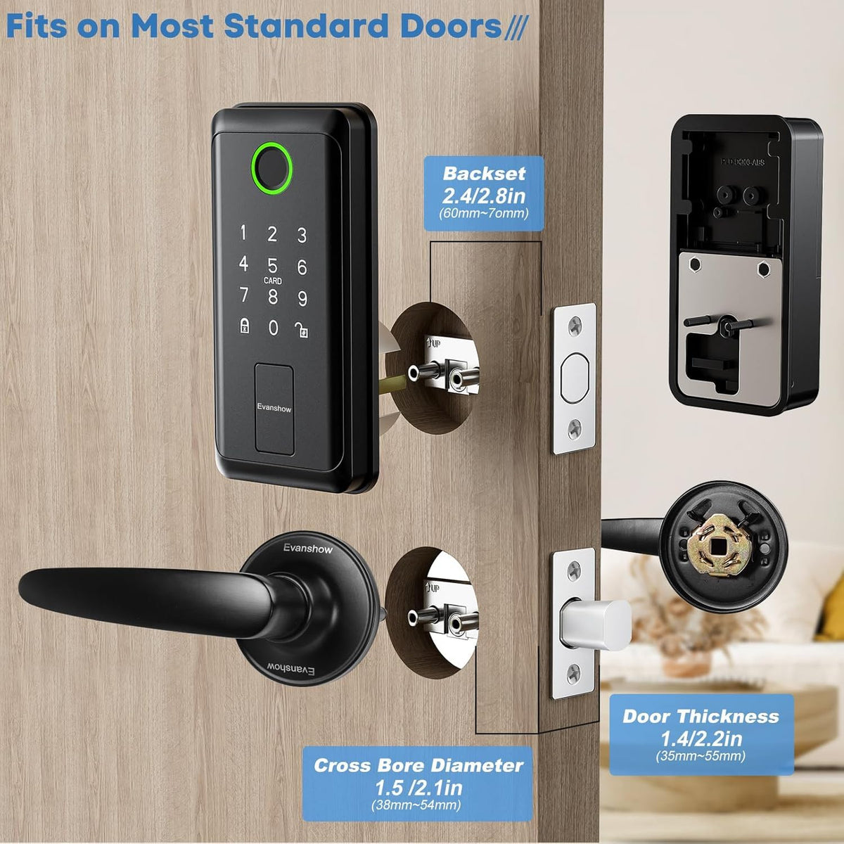 Evanshow Keypad Door Lock with Handle, Electronic Digital Keypad Deadbolt with App, Keyless Entry Fingerprint Lock Auto Lock & One Touch Locking, Front Smart Door Handle Sets