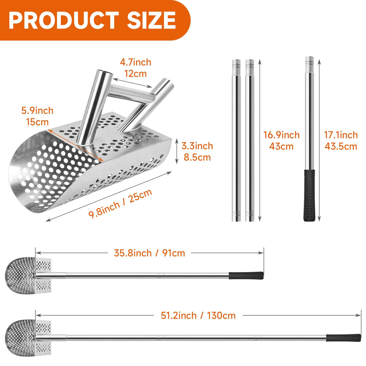 SANLIKE Sand Scoop for Metal Detecting, Stainless Steel with Long Handle