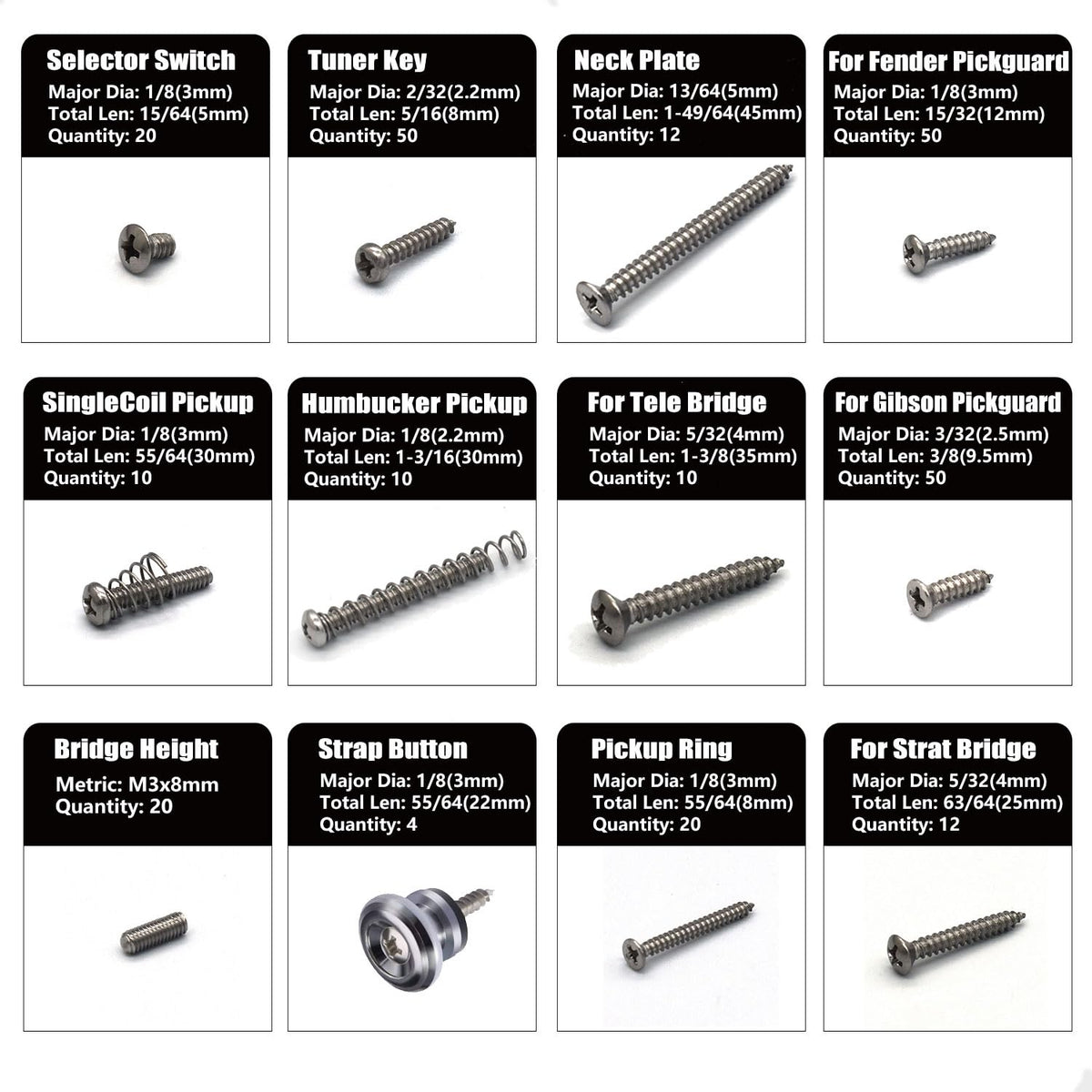 Vencetmat Guitar Screws Kit 304 Stainless Steel Luthier Parts-kit for Tele/Strat/SQ,Switch,Tuner,Machine Head, Neck Plate,Pickguard,Guitar Strap End Pins,Pickup,Bridge,Guitar DIY Kit(Metric, Chrome)