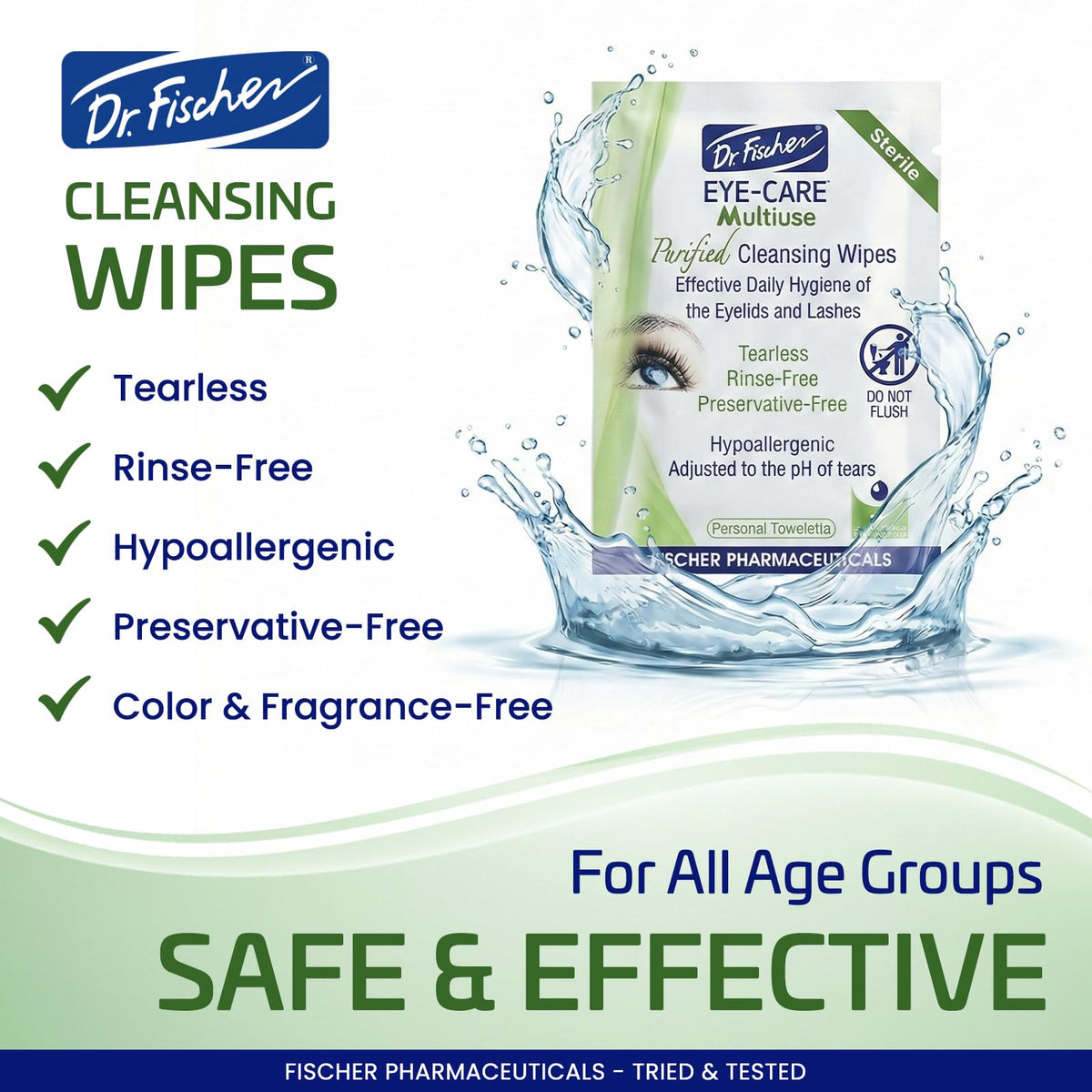 Dr. Fischer Eyelid Wipes - Purified, Non-Irritating, Pre-moistened Eye Wipes for Cleansing Sensitive Skin. Hypoallergenic Make-up Remover (30)