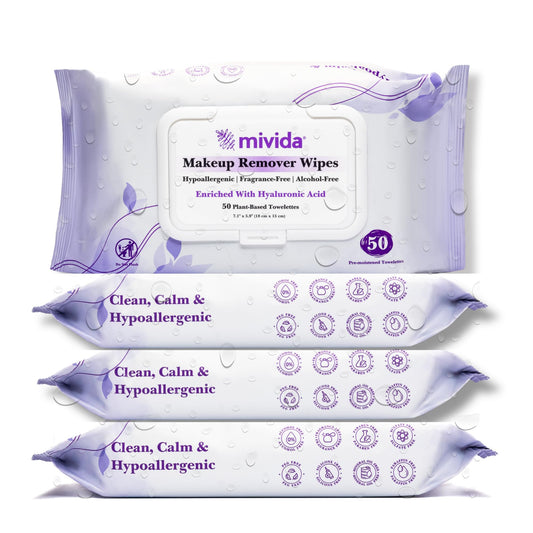 mivida Hypoallergenic Makeup Remover Wipes Bulk with Hyaluronic Acid, Dermatologist Tested, Alcohol & Fragrance Free Make Up Wipes for Sensitive Skin, Make Up Remover (4 Packs x 50 Wipes) 200ct