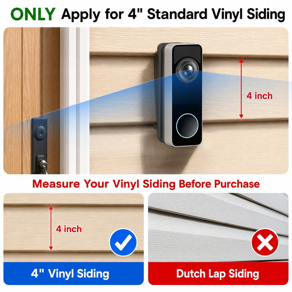 Vinyl Siding Mount for Wyze Doorbell Camera, Adjustable Angle Doorbell Wedge Corner Mounting Bracket Kit for Wyze Duo Cam Video Doorbell, Solve Siding Tilt Problem (4" Standard Vinyl Siding Only)