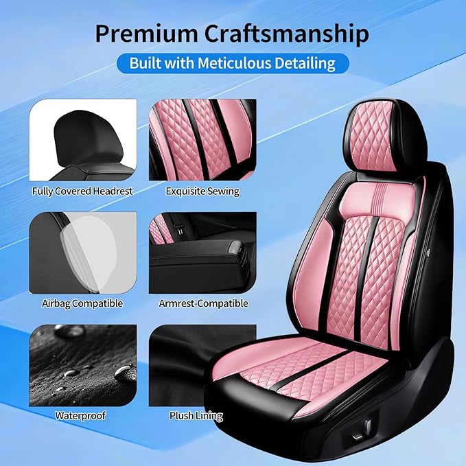 Fit Ridgeline Car Seat Covers for Select Honda Ridgeline 2007-2026 - Premium Full Coverage Leather, Airbag Compatible, Waterproof & All Weather Seat Cushion Protector, Full Set, Black+Pink