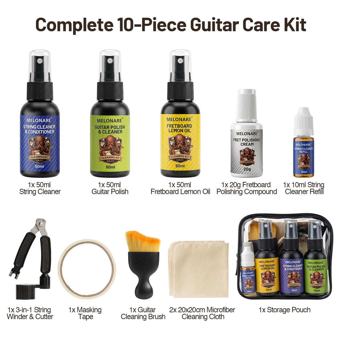 MELONARE 10-Piece Guitar Cleaning and Care Kit with Lemon Oil GA-C1