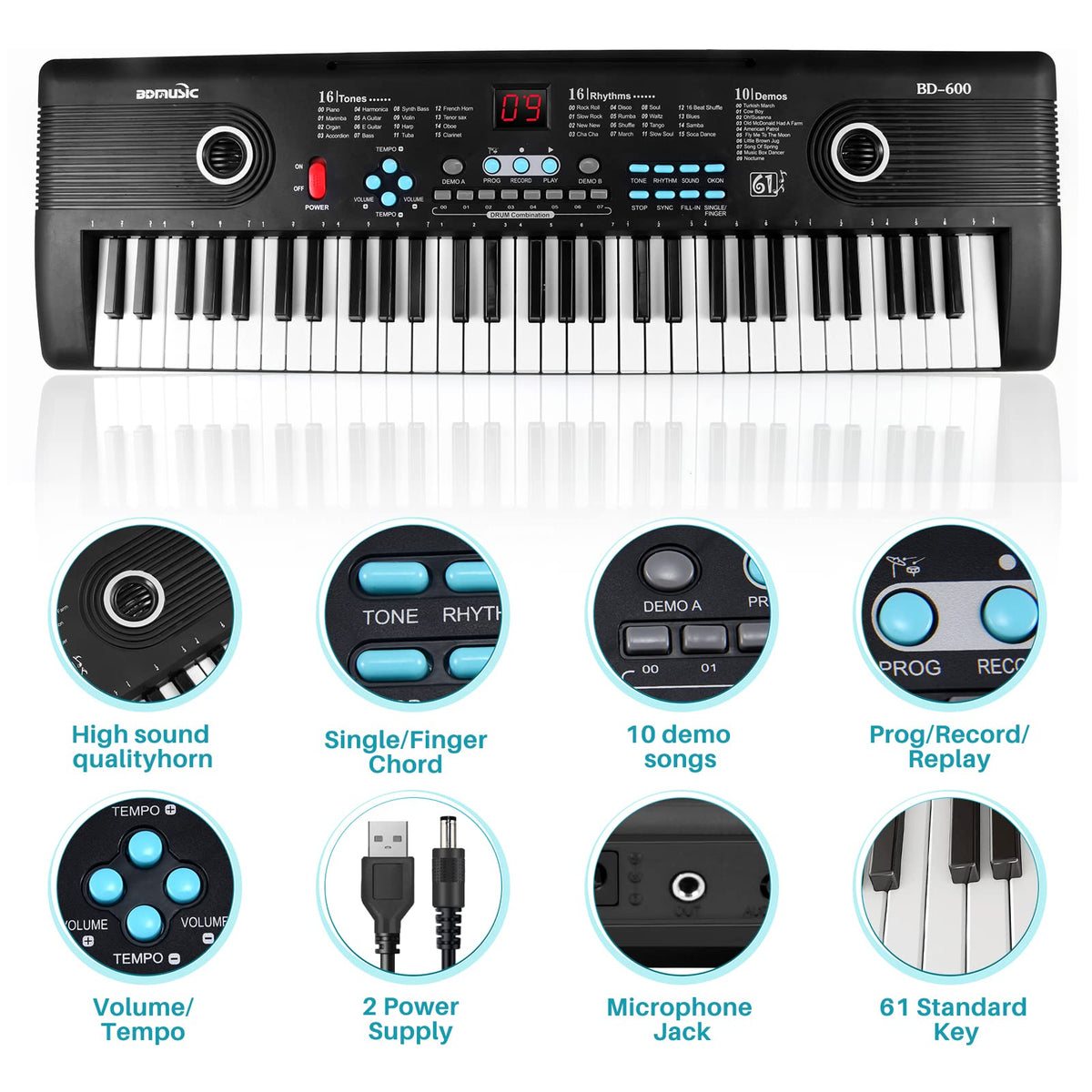 61 key keyboard Piano,Portable Electronic Digital Piano,Built In Dual Speakers,External Microphone,Power Plug,Rich Teaching Content,Multi-Functional Electronic Piano Suitable For Beginners