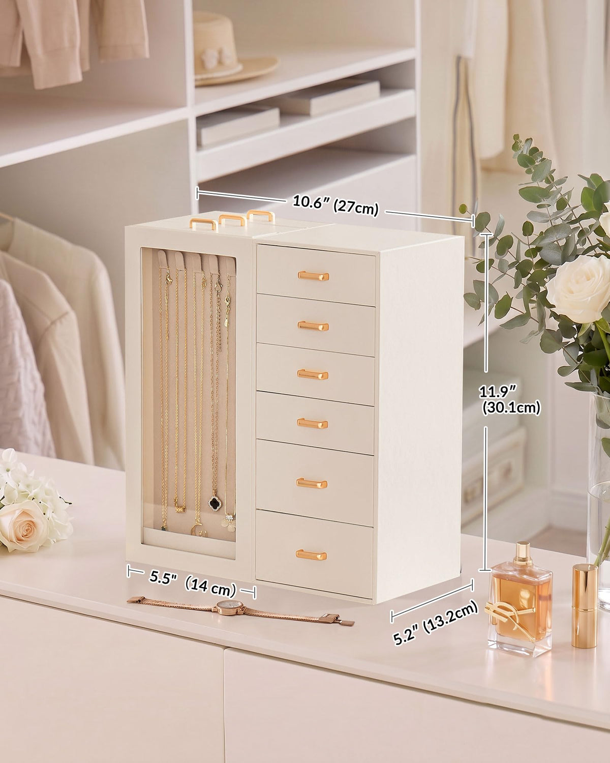Lolalet Large Jewelry Box Organizer for Women, PU Leather Jewelry Case with Necklace Holder & Multiple Drawers, Tabletop Dresser Storage for Earrings Rings Chains, Gift for Girls -M, Beige
