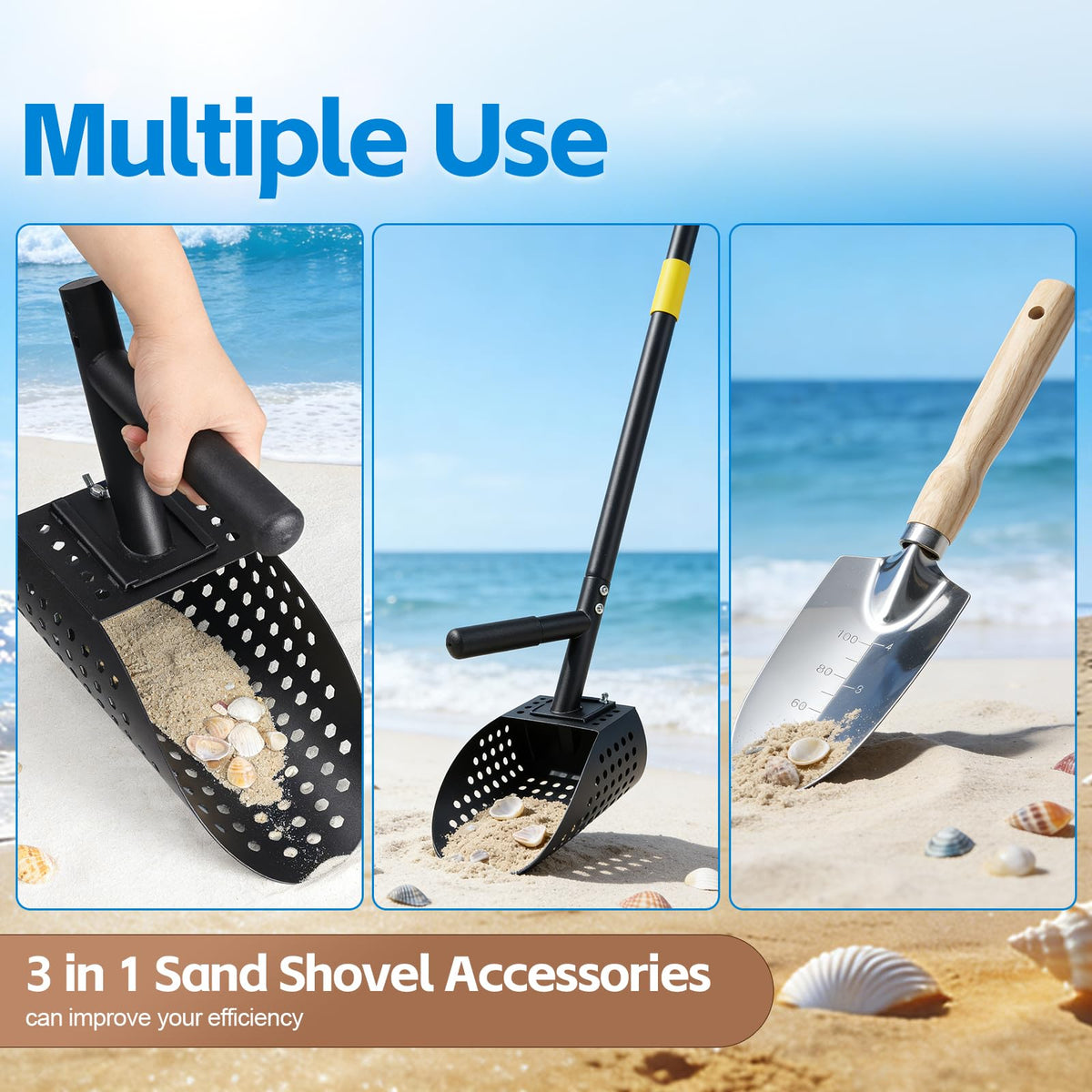 Sand Scoop for Metal Detecting, Long Handle with Shovel Metal Detector for Beach, Stainless Steel Sand Sifter Shovel for Underwater Hunting, Black